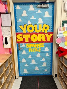 a door with the words your story written on it and a red teddy bear in front