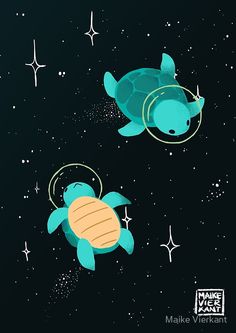 two sea turtles floating in the air with stars around them on a dark night sky