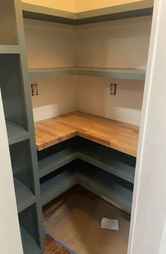 an empty room with shelves and wood flooring on the side walk in closets