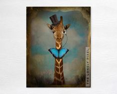 a painting of a giraffe with a hat on it's head and a butterfly in its mouth