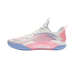 a white and pink sneaker with blue accents on the upper part of the shoe