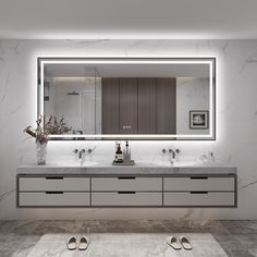 a bathroom vanity with two sinks and a large mirror above it, along with shoes on the floor