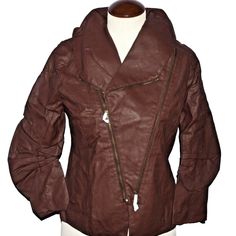 Romeo & Juliet Couture Jacket Brown Faux Leather Polyurethane Upper Soft Lining Functioning Double Zipper-Straight Middle Zipper Or Fold Over High Neck Measures 19" Across The Chest 19" Hips 22" Length 3/4 Ruched Sleeves Looks And Feels Like Real Leather New With Tags Size Medium Fitted Brown Outerwear With Asymmetrical Zip, Brown Fitted Outerwear With Asymmetrical Zip, Brown Asymmetrical Zip Outerwear For Spring, Brown Outerwear With Asymmetrical Zip For Fall, Fitted Fall Outerwear With Side Zipper, Fitted Outerwear With Side Zipper For Fall, Brown Asymmetrical Zip Outerwear With Zipper Closure, Brown Outerwear With Asymmetrical Zipper Closure, Brown Asymmetrical Zip Biker Jacket For Fall