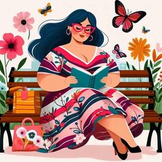 a woman sitting on a bench reading a book with flowers and butterflies around her in the background