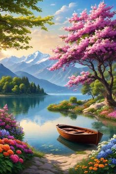 a painting of a boat on the water with flowers around it and mountains in the background