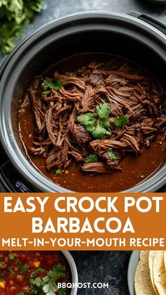 Make this crockpot beef barbacoa for a mouthwatering and effortless dinner! Packed with bold flavors, it’s perfect for tacos, burritos, or bowls. Simply add the ingredients, let the slow cooker do the work, and come back to a delicious meal. Save this pin for later and click through for the full recipe! Steak Tacos Crockpot Slow Cooker, Slow Cooker Barbacoa Tacos, Quesabrilla Tacos Crockpot, Crock Pot Beef Barbacoa, Pot Roast Burritos, Beef For Tacos In Crockpot, Easy Crockpot Barbacoa, Slow Cooker Beef For Tacos, Street Tacos Recipe Beef Slow Cooker