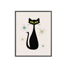 a black cat with yellow eyes and stars on it's face, in front of a white background