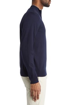 Layer up in luxurious warmth with this adventure-ready pullover made from a sumptuous merino-wool blend with a quarter-zip placket for quick ventilation. Stand collar 93% merino wool, 7% polyester Hand wash, dry flat Imported Navy Wool Long Sleeve Polo Sweater, Navy Long Sleeve Wool Polo Sweater, Casual Cashmere Half-zip Sweater, Casual Half-zip Cashmere Sweater, Classic Half-zip Sweater With Ribbed Cuffs, Casual Wool Half-zip Sweater, Wool Half-zip Sweater With Ribbed Collar, Wool Half-zip Sweater With Ribbed Cuffs, Merino Wool Crew Neck Polo Sweater