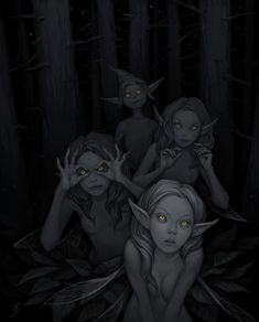 three women in the woods with yellow eyes and dark hair, one is holding her hands up