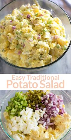 two pictures showing different types of potato salad