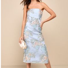 Formal Lulu’s Floral Jacquard Strapless Bustier Midi Dress Blue Floral Print Dress With Straight Neckline, Blue Dresses With Floral Print And Straight Neckline, Blue Floral Print Midi Dress With Straight Neckline, Blue Midi Dress With Floral Print And Straight Neckline, Blue Dress With Straight Neckline For Spring, Strapless Floral Print Midi Dress For Date Night, Party Midi Dress With Floral Print And Straight Neckline, Blue Wedding Dress With Straight Neckline, Floral Print Strapless Dress With Straight Neckline For Brunch