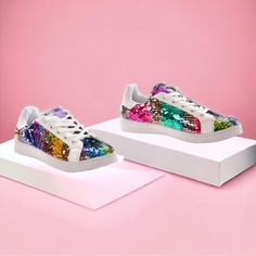 Women’s Wanted White Selena Multi-Color Changing Sequined Sneaker Sporty Low Top Sneaker Vegan Leather With Decorative Mermaid Sequins Round Toe Silhouette Front Lace Up Design Cushioned Insole And Padded Collar Rubber Sole Reebok Club C Double, Converse Slip On, Saucony Running Shoes, Orange Heels, Grey And Coral, Skechers Bobs, Mermaid Sequin, Lace Sneakers, Star Sneakers