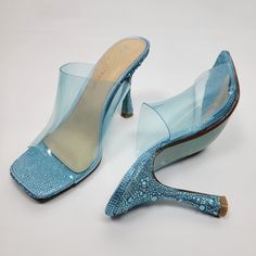 Betsey Johnson Penni Rhinestones Blue-Clear Open Toe Heels Mule Slide Sandals 7½M /9¾"(The Model Is A Size 6½) 4" Heels The Right Shoe Has A Scratch And At Heel Is A Fabrication Imperfection(Check The Last Pictures) Condition Is New. Please Check All Pictures If Something Is Not Clear First Ask Then Purchase. Epm Crystal High Heel Shoes For Spring, Summer Crystal High Heels, Spring Crystal High Heels, Crystal Open Toe Heels For Summer, Summer Crystal Heels With Rhinestones, Crystal Heels For Summer Evenings, Summer Rhinestone Heels, Crystal Heels For Summer Evening, Crystal Embellished Heels For Summer