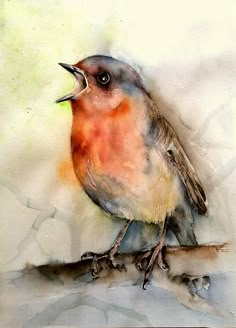 a watercolor painting of a bird singing on a branch