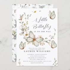 a little butterfly is on the way baby shower card with watercolor flowers and butterflies