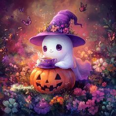 a painting of a bunny in a witches hat sitting on top of a pumpkin with a tea cup