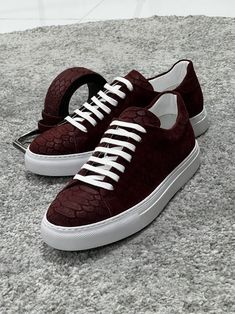 Louis Special Edition Rubber Sole Suede Print Leather Burgundy Sneakers | VICLAN Burgundy Sneakers, Care Care, Summer 22, Burgundy Lace, Brown Sneakers, Loafer Sneakers, Printed Leather, Modern Man, Lace Boots