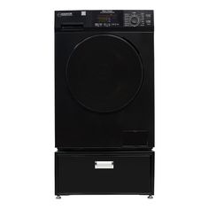 a black washer and dryer sitting side by side on top of each other