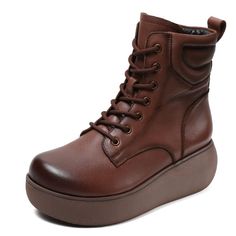 Gender: Women Item Type: Boots Main Material: Cow Leather Style: Casual, Classic, Retro Season: Spring, Autumn Heel Type: Platform Outsole Material: Rubber Heel Height: High Heel (6-8 cm) Size Length cm inch 35 22.5 8.86 36 23 9.06 37 23.5 9.25 38 24 9.45 39 24.5 9.65 40 25 9.84 Fall Leather Wedge Boots With Round Toe, Brown Wedge Boots For Fall, Brown Platform Boots With Round Toe, Brown Ankle-high Platform Combat Boots, Brown Leather Mid-calf Platform Boots, Brown Leather Platform Mid-calf Boots, Brown Leather High Ankle Wedge Boots, Leather Mid-calf Boots With Platform And Round Toe, Faux Leather Platform Boots With Round Toe