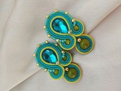 Handmade Green Elegant Clip-on Earrings, Elegant Turquoise Earrings For Summer, Elegant Handmade Turquoise Earrings, Crystals Earrings, Large Stud Earrings, Blue Crystal Earrings, Soutache Earrings, Earrings Turquoise, Green Shorts