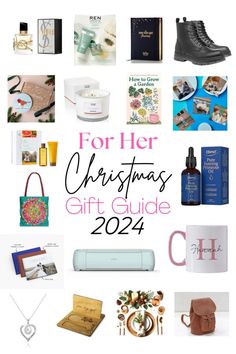 the christmas gift guide for her is on display with other items and gifts around it