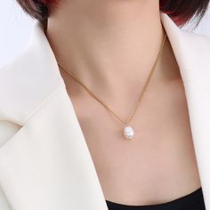 Style: Female Material: Titanium Steel, Freshwater Pearl Pearl Type: Cultured Pearl Color: White Pearl Shape: Irregular Necklace Length: 40+5cm White Pearl Necklace In Alloy For Gift, White Alloy Pearl Necklace For Gift, White Pearl Necklace With Delicate Metal Chain, Elegant Stainless Steel Necklace With Pearl Chain, White Alloy Jewelry With Pearl Drop, Elegant Teardrop Stainless Steel Necklaces, White Stainless Steel Jewelry With Clavicle Chain, Elegant White Alloy Chain Necklace, Minimalist Metal Clavicle Chain Pearl Necklace