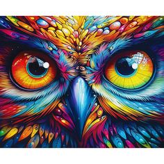 an owl painting with bright colors on it's face and large, colorful eyes