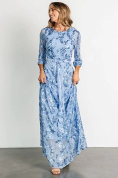 A beautiful and feminine style for any occasion! Destiny is a beautiful addition to any wardrobe! Blue 3/4 Sleeve Maxi Dress For Party, Spring Wedding Maxi Dress With 3/4 Sleeves, Skirt Asymmetrical, Sky Blue Color, Baltic Born, Waist Sash, Sequin Maxi, Sequin Maxi Dress, Maxi Dress Blue