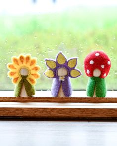 Floral Peg Dolls Set - Sunflower, Iris and Toadstool (Preorder) - Tara Treasures Tactile Learning, Eco Friendly Toys, Small World Play, Silver Birch, Peg Doll, Hand Felted, Doll Sets, Peg Dolls, Felt Flowers