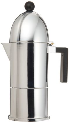 a stainless steel coffee pot with a handle on the top and bottom, is shown in front of a white background