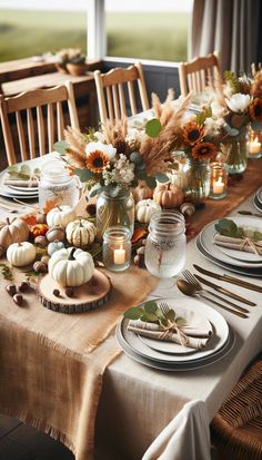 a table set for thanksgiving dinner with pumpkins and gourds