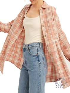 Oversized plaid button down top - Plaid printed soft textured cotton woven fabric - Classic collar detail - Button down on center front - Oversize - Long sleeves with buttons on cuffs - Rounded bottom hem - Model is 5' 8" 30-24-35 and wearing a size Small Fabric: 100% Cotton Relaxed Fit Flannel Shirt With Button Closure For Spring, Spring Flannel Shirt With Relaxed Fit, Spring Relaxed Fit Flannel Shirt With Button Closure, Relaxed Fit Plaid Shirt For Day Out, Plaid Button-up Tops, Plaid Cotton Shirt For Day Out, Cotton Button-up Flannel Shirt For Daywear, Spring Everyday Button-up Flannel Shirt, Yarn-dyed Button-up Tops For Fall