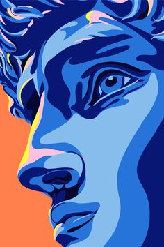 a painting of a man's face on an orange and blue background