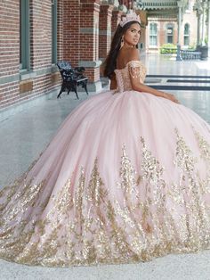 a woman in a pink and gold ball gown