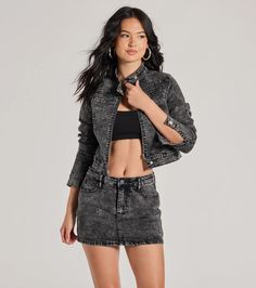 Get ready to turn some heads with your edgy arrival in this moto denim jacket! Featuring long sleeves with button cuffs and a standing collar neckline with button closure, this jacket adds an extra edge to any outfit. The front zipper closure and cropped hem with button strap add a unique style. Complete the look in booties.Fit & FeaturesAcid-wash denim fabricLong sleeves with button cuffsStanding collar neckline with button closureFront zipper closureCropped lengthRuns true to size Washed Black Grunge Denim Jacket For Spring, Grunge Washed Black Denim Jacket For Spring, Edgy Dark Wash Outerwear For Spring, Edgy Long Sleeve Denim Jacket For Spring, Edgy Washed Denim Jacket For Fall, Edgy Button-up Denim Jacket For Spring, Edgy Denim Jacket With Button Closure For Spring, Edgy Denim Jacket With Button Closure, Fitted Black Washed Denim Jacket