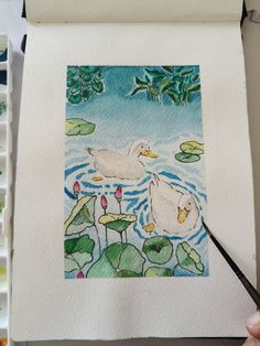 a watercolor painting of two ducks swimming in a pond