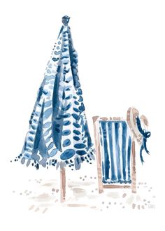 a watercolor painting of a beach chair and an umbrella with blue stripes on it