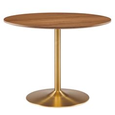 a round wooden table with gold metal base