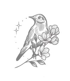 a bird sitting on top of a branch with flowers in it's beaks