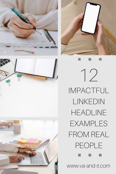 a person sitting at a desk with a laptop and notebook in front of them, while the text reads 12 impactful linkedin heading examples from real people