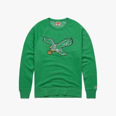 a green sweatshirt with an eagle embroidered on the front and side, sitting against a white background