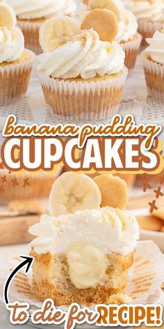 banana pudding cupcakes with cream cheese frosting on top