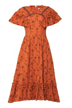 Add a pop of fun to your wardrobe with our Shae Dress in Burnt Orange. This playful women's dress features a unique orange and brown floral print, a high neckline with feminine ruffle detailing, and short flutter sleeves. With its ankle length skirt, pockets, and hidden back zipper, this fully lined 100% cotton dress is both stylish and functional. fall aesthetic, pinterset outfit, fall outfit, family matching, mommy and me, family photos, family picture inspo Burnt Orange Dress Outfit, Orange Dress Outfits, Brown Floral Print, Skirt Pockets, Burnt Orange Dress, Ankle Length Skirt, Orange Aesthetic, Fall Photoshoot, Family Picture