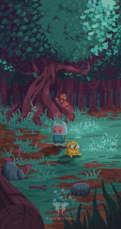 an image of a pixel art scene with some animals in the water