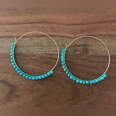 14k Yellow Gold & Turquoise Bead Hoop Earrings Diameter: 1-1/2” Weight: 4 Grams Beautiful Yellow Gold Hoops With Turquoise Beads Turquoise Beaded Earrings, Wire Wrapped Turquoise, Turquoise Bead Earrings, Bead Hoop Earrings, Turquoise Hoop Earrings, Turquoise Hoops, Beaded Hoop Earrings, Beaded Hoops, Gold Hoops