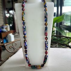 27” Vintage Glass Millefiori Bead Necklace. Graduated From A Dozen Smaller Round Beads Then Alternates 1 1/4” Tube Shape Beads With Larger Round Beads. Hand-Knotted With Brass End Caps And Brass Screw Closure. Excellent Condition. Quality Italian Glass Has Weight To It. A Timeless Classic Piece! Thanks For Looking! Multicolor Hand Knotted Round Bead Necklaces, Multicolor Hand-knotted Beaded Necklaces With Round Beads, Multicolor Hand Knotted Beaded Necklaces With Round Beads, Multicolor Hand-knotted Beaded Necklaces, Multicolor Hand Knotted Beaded Necklaces, Jewelry Vintage, Timeless Classic, Bead Necklace, Round Beads