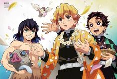 three anime characters standing next to each other with their hands in the air and birds flying around them