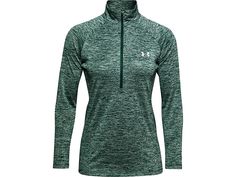 Under Armour Tech 1/2 Zip Twist Top - Women's Sweatshirt : Saxon Green/Translucent : All Under Armour Apparel features a tagless design or tear-away tag with no left-over pieces. You make all the right moves in this Under Armour Tech Zip Twist Top! Fitted fit is snug, but not tight, for next-to-the-skin support without the squeeze of compression. UA Tech fabric: • Lightweight poly in a supersoft knit. • Moisture Transport System provides quick-dry, moisture-wicking performance that moves perspir Half Zip Top, Golf Sweaters, Twist Top, Sport Bra Top, Under Armour Women, Black Metallic, Golf Outfit, Swimwear Tops, Bra Tops