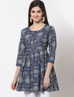 * Blue & Cream-Coloured Print Cotton Longline Top Printed Kurti / Embroidered Short Kurti / Indian Tunic / Summer-Spring Evening Dress / Cotton Tunic Tops Boho Tunic / Hippie Dress / Tribal Print Top * Blue and cream-coloured longline a-line top * Ethnic motifs print * Round neck, three-quarter, regular sleeves * Gathered or pleated detail * Knitted cotton *Fabric:- Cotton  *Wash Care:- Hand Wash AVAILABLE IN 7SIZES THEY ARE IN FOLLOWING MEASUREMENTS IN INCHES:- XXS:- Bust-32/Waist-24/Length-32 Half Kurti Design, Cotton Short Tops, Indian Tunic, Cotton Tunic Tops, Print Top, Salwar Designs, Boho Tunics, Womens Tops Summer, Hippie Dresses