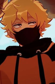 an anime character with blonde hair wearing a black face mask and looking at the camera